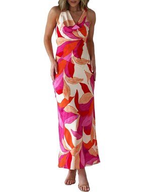 Women's Red Floral Cowl Neck Summer Satin Backless Sleeveless Elegant Maxi Dress